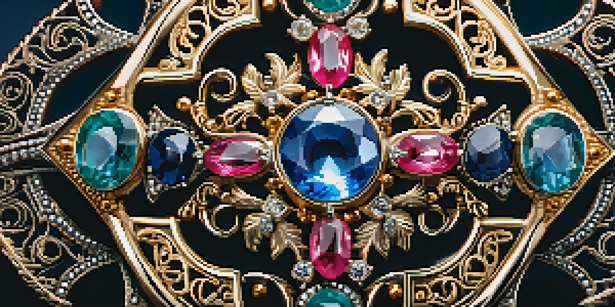 A detailed close-up of a vintage brooch with intricate designs and sparkling stones on a soft velvet background.