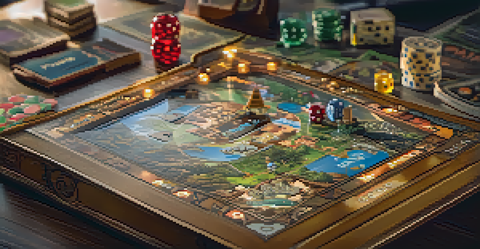 A close-up view of an open board game box showcasing detailed components like miniatures and cards, with a blurred game night scene in the background.