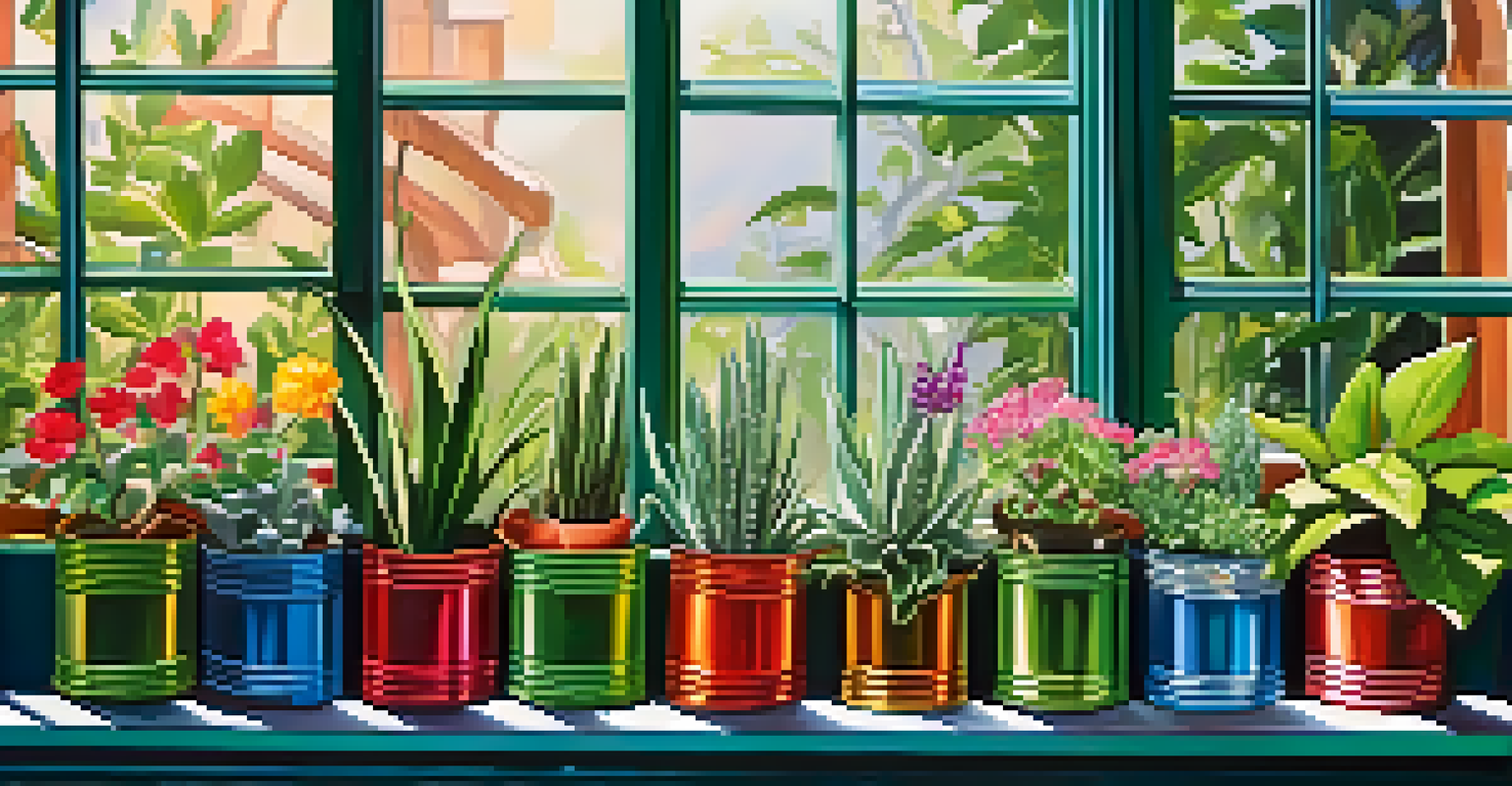 A windowsill with colorful upcycled planters and thriving indoor plants, illuminated by sunlight.