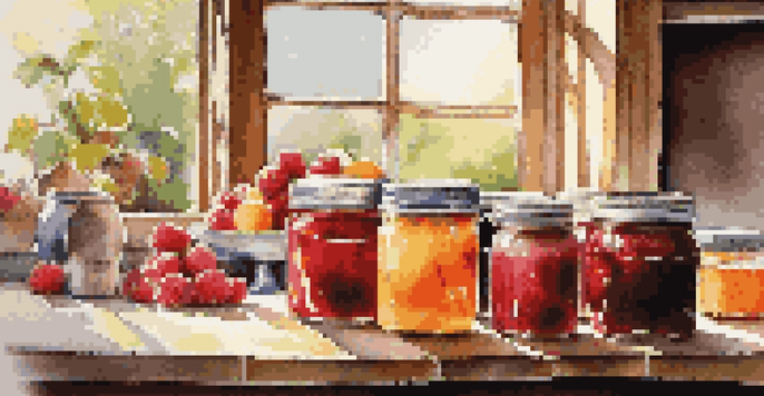 A kitchen countertop featuring jars of colorful homemade fruit preserves, fresh fruits, and a vintage canning pot under warm natural sunlight.