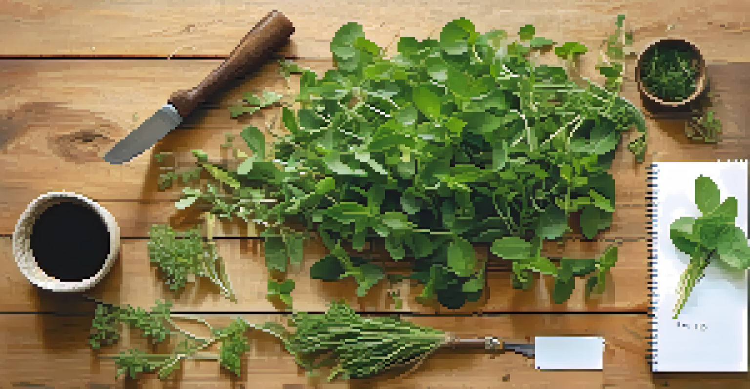 A wooden table displaying various wild herbs and a notepad, all beautifully lit in warm light.
