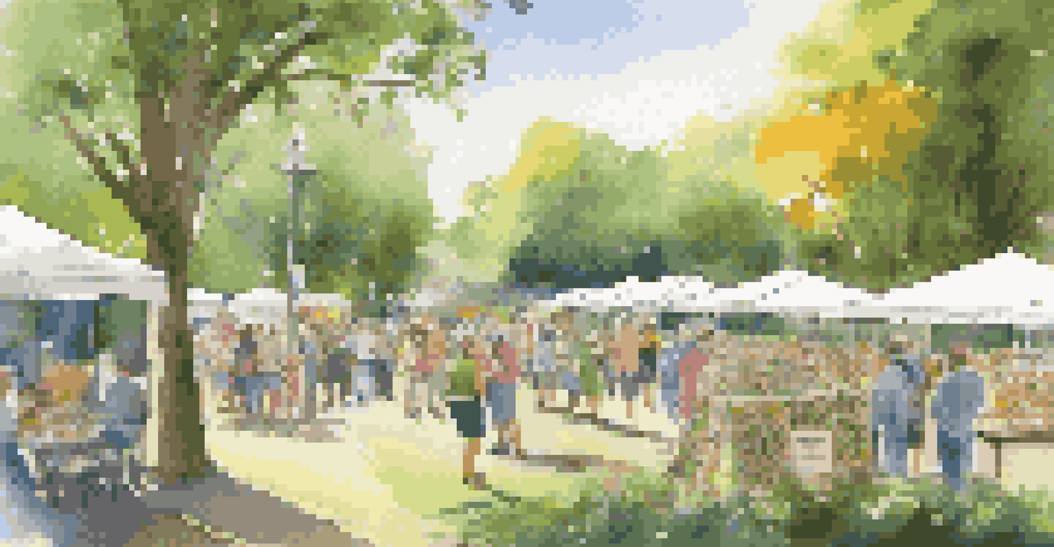 An outdoor stamp exhibition in a lush park with colorful booths promoting environmental awareness, featuring visitors engaged in discussions under warm sunlight.