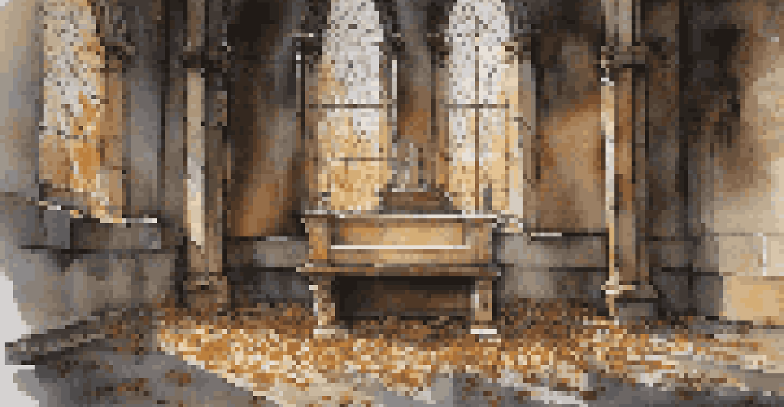 Close-up of a weathered altar in an abandoned church with candles and leaves, illuminated by light casting shadows.