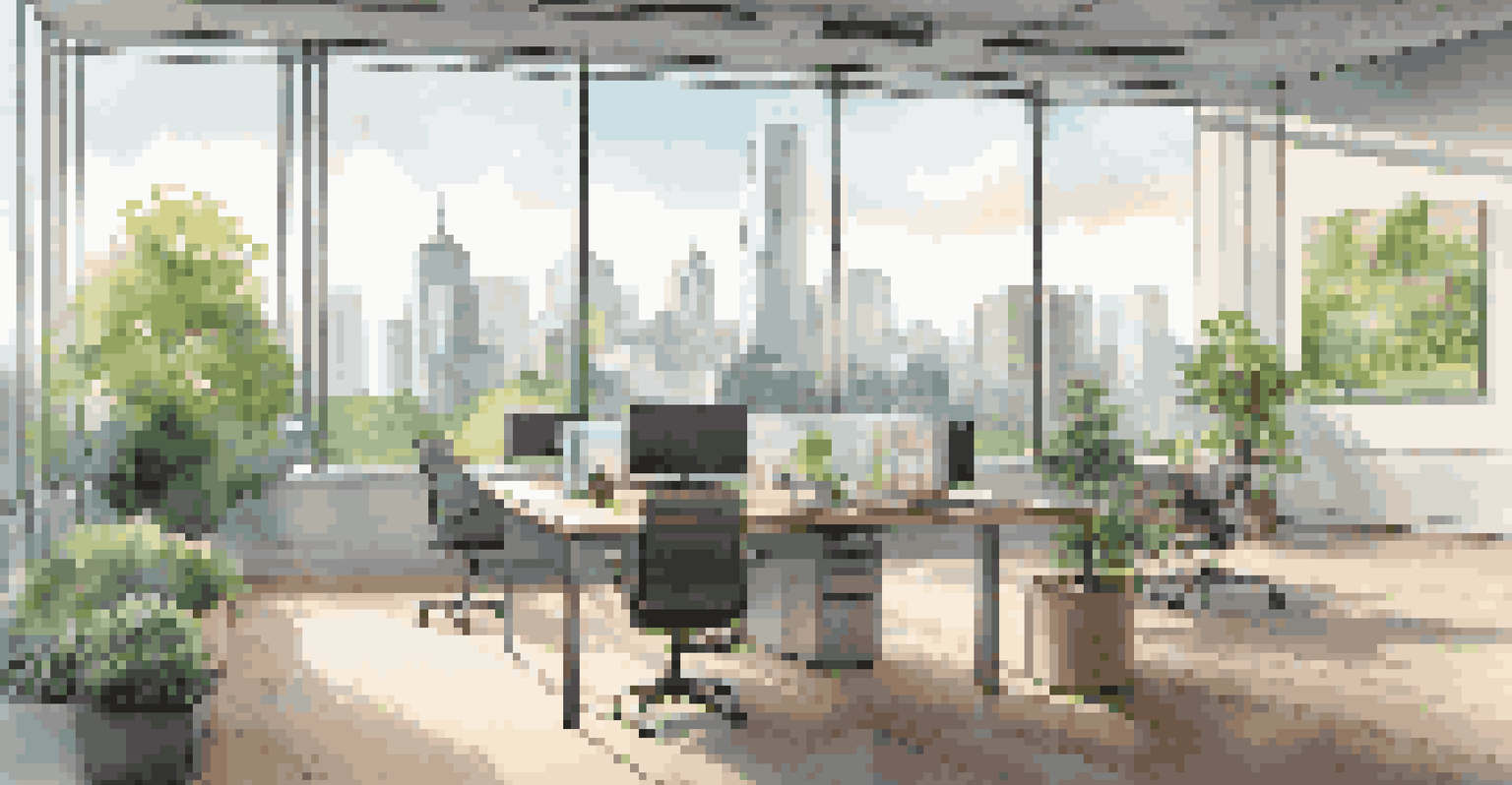 A stylish office with a city skyline view, featuring green rooftops and a desk with a laptop focused on sustainable investing.