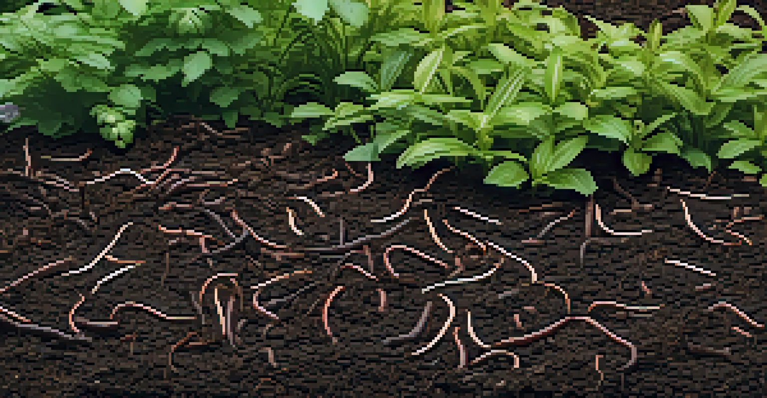 A close-up of organic mulch with earthworms and insects, set against blurred green plants in the background.