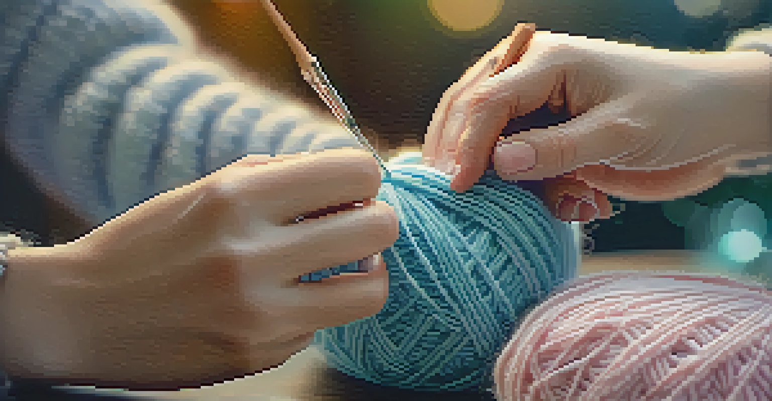 A close-up of hands knitting with colorful yarn, showcasing detailed stitches against a softly blurred background.