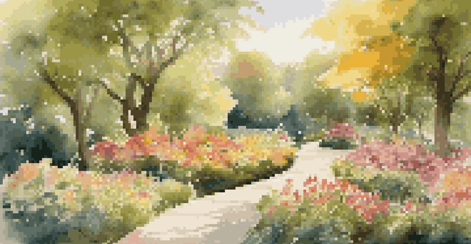 A colorful garden filled with blooming flowers under warm sunlight, with a winding path in the background.