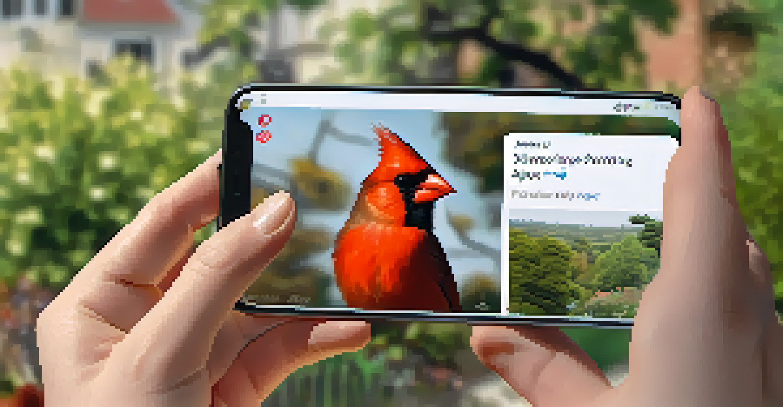 A close-up of a smartphone showing a bird identification app with a cardinal image, set in a garden.