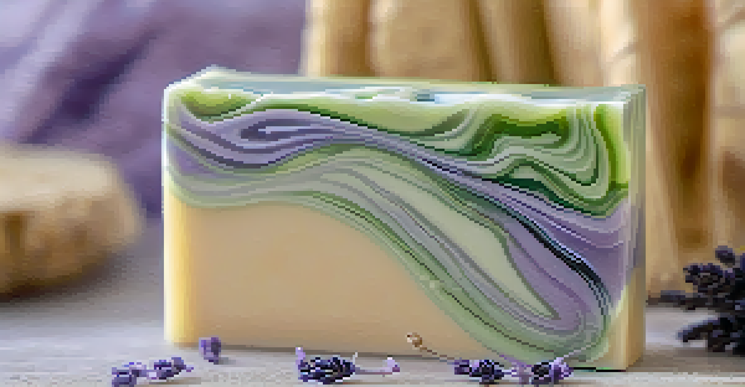 A close-up of a handmade soap bar with lavender swirls and green hints, showcasing its texture and colors.