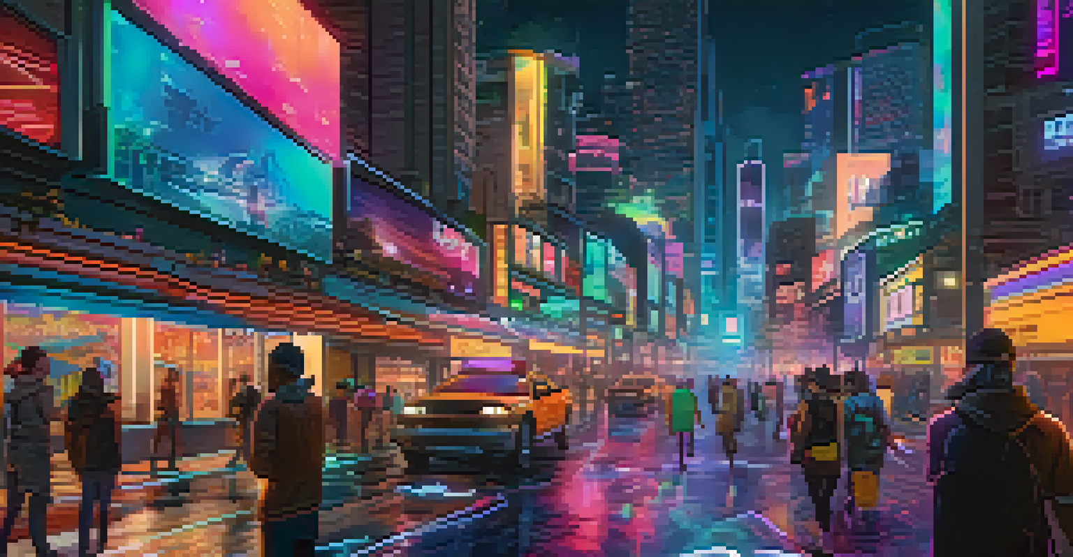 A vibrant night-time cityscape in virtual reality, featuring neon lights and users exploring the immersive environment.