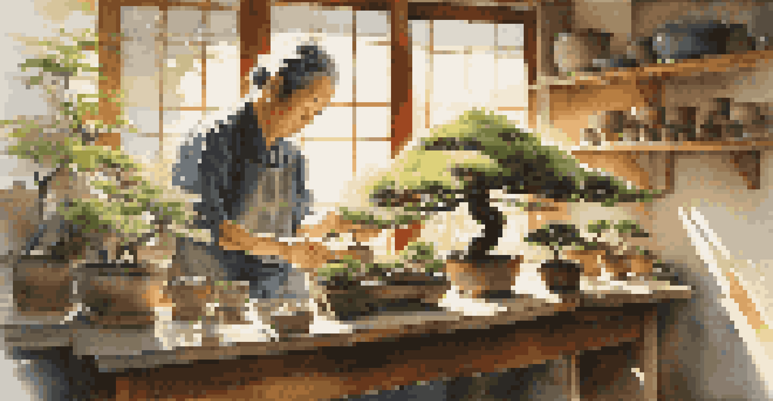 An artist shaping a bonsai tree in a bright workshop filled with tools and pots, with sunlight streaming in through a window.