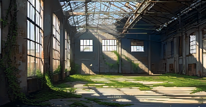 An abandoned factory with vines and rusted machinery, illuminated by soft sunlight.