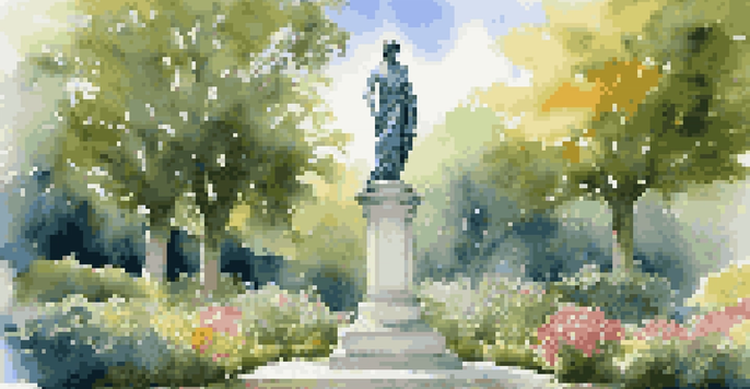 A marble statue in an outdoor park, surrounded by greenery and colorful flowers, under a clear blue sky.