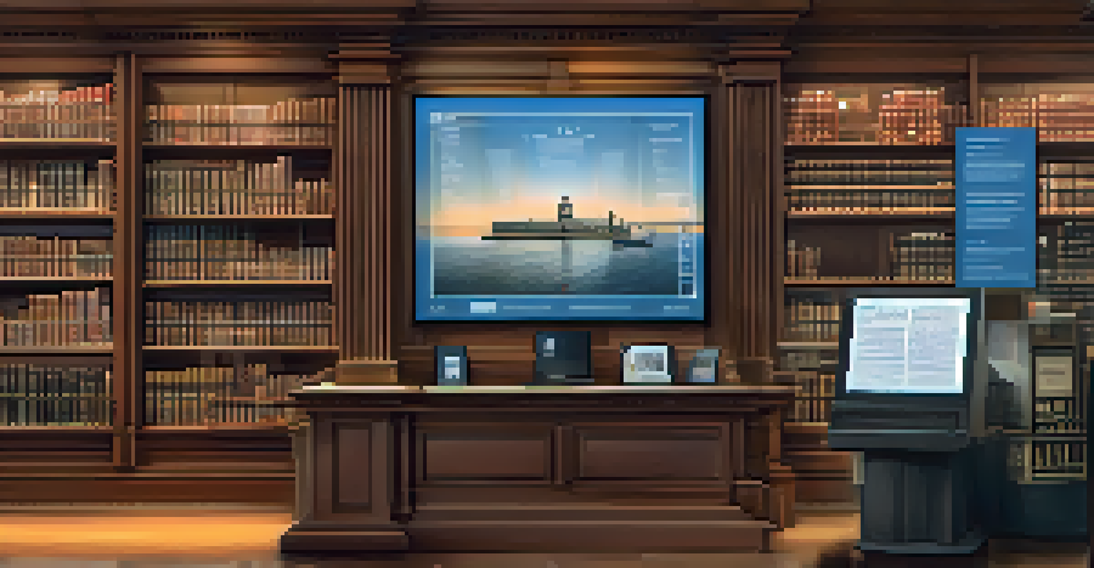 A digital interface showing historical documents on a computer screen in a modern library setting.