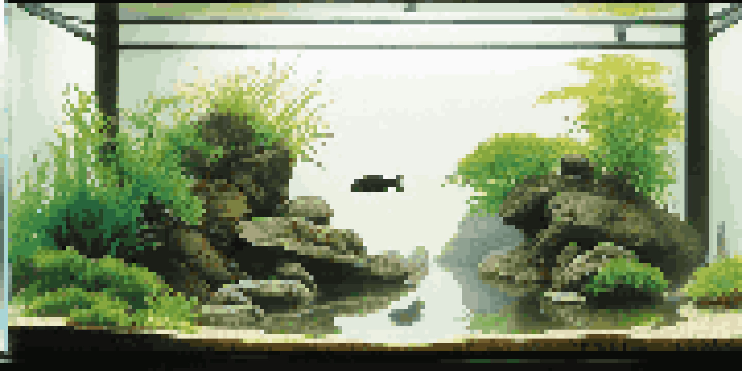 A peaceful aquarium with large stones and green plants in a Japanese-style aquascape.