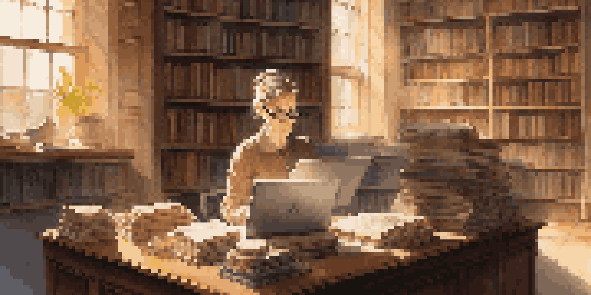 A middle-aged woman historian working on a laptop in a cozy library with books and digital screens around her, sunlight streaming through the windows.