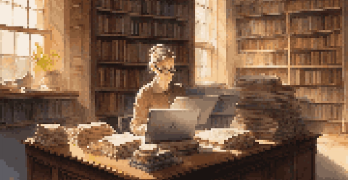A middle-aged woman historian working on a laptop in a cozy library with books and digital screens around her, sunlight streaming through the windows.