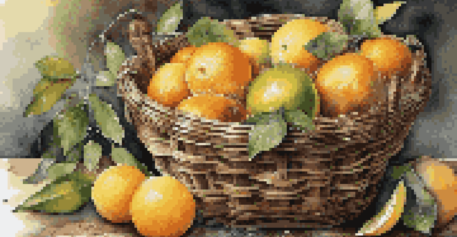 A rustic basket filled with colorful wild citrus fruits on a wooden table, surrounded by leaves and flowers.