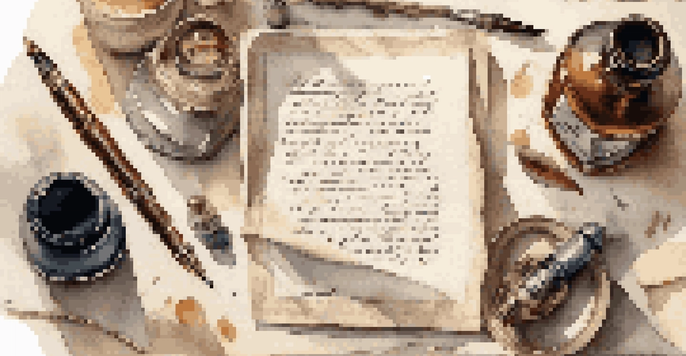 A flat lay display of calligraphy tools featuring a vintage nib pen, ink pots, and sheets of parchment with elegant handwritten quotes, illuminated by soft natural light.