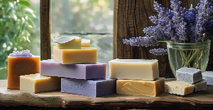 A colorful array of artisan soaps on a wooden table adorned with lavender and eucalyptus, softly lit to emphasize their textures and designs.