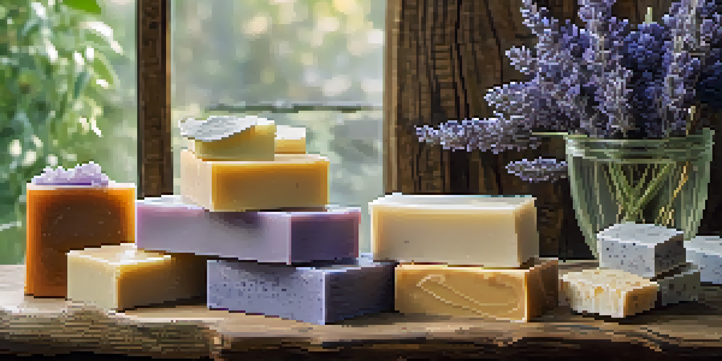 A colorful array of artisan soaps on a wooden table adorned with lavender and eucalyptus, softly lit to emphasize their textures and designs.