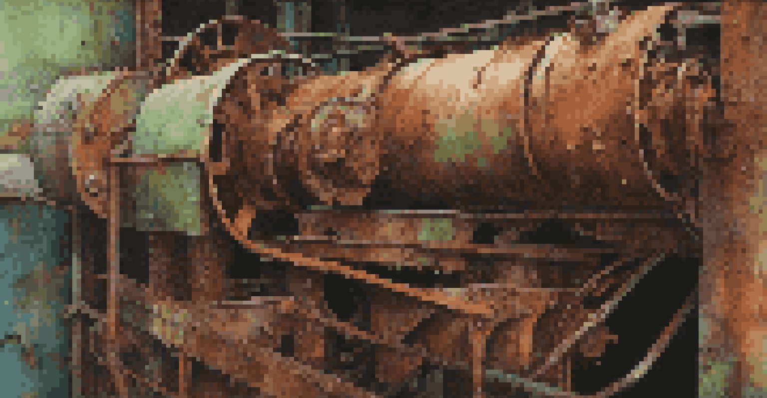 Close-up of rusted machinery in an abandoned factory, showcasing peeling paint and corroded metal in dramatic lighting.