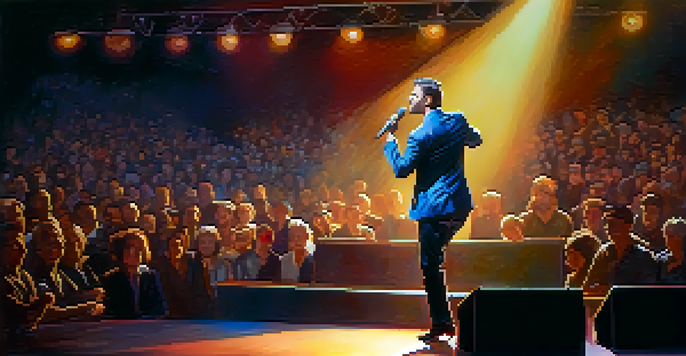 A performer exuding confidence on stage, engaging with a captivated audience under warm spotlight.