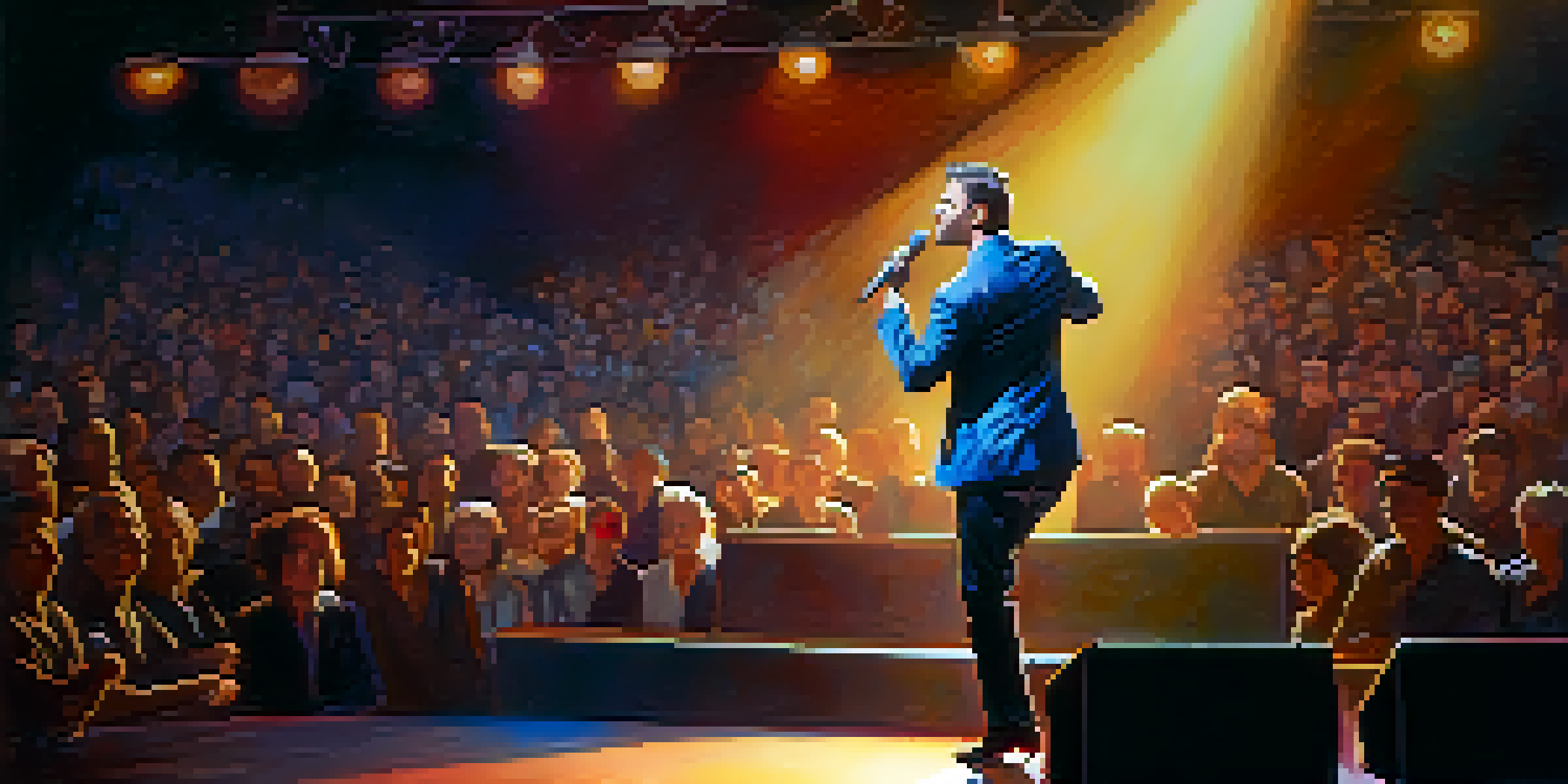 A performer exuding confidence on stage, engaging with a captivated audience under warm spotlight.