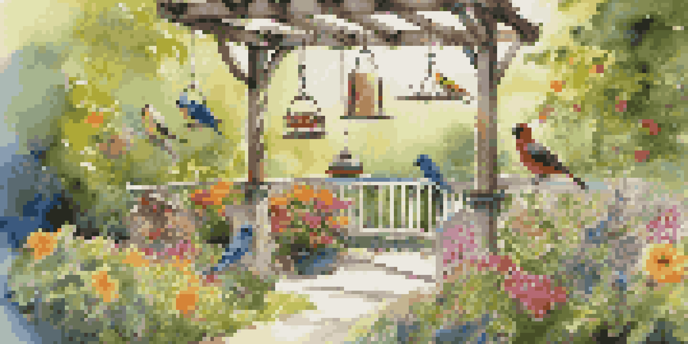 A peaceful backyard with colorful bird feeders, various birds, and lush greenery bathed in sunlight.