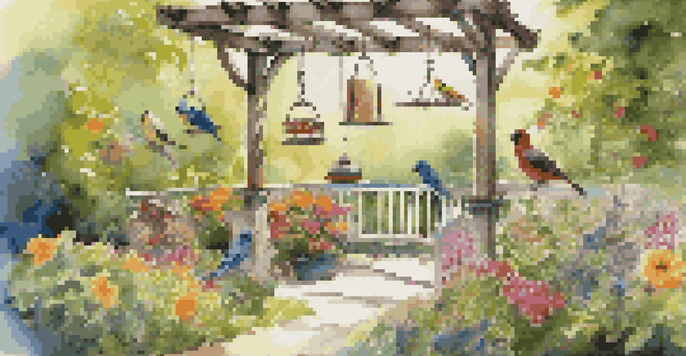 A peaceful backyard with colorful bird feeders, various birds, and lush greenery bathed in sunlight.