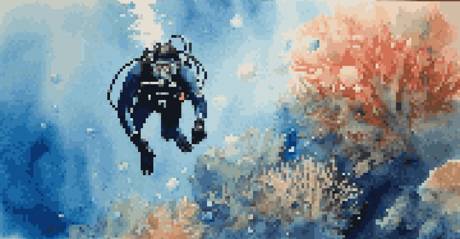 A diver ascending towards the surface while exhaling bubbles in deep blue ocean water, with sunlight illuminating the surface and the shadow of a coral reef below.