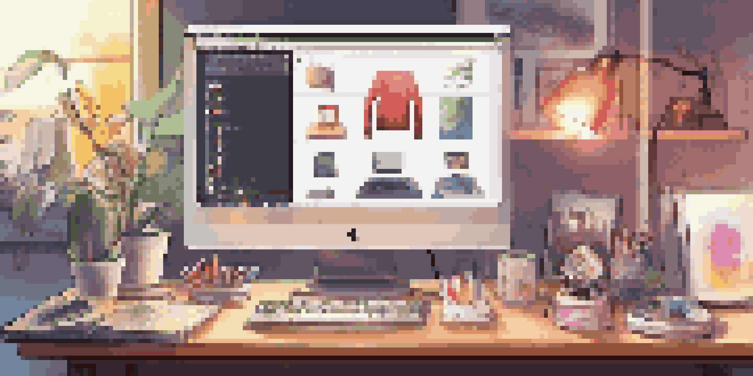 A computer screen displaying digital art software icons in a stylish workspace.