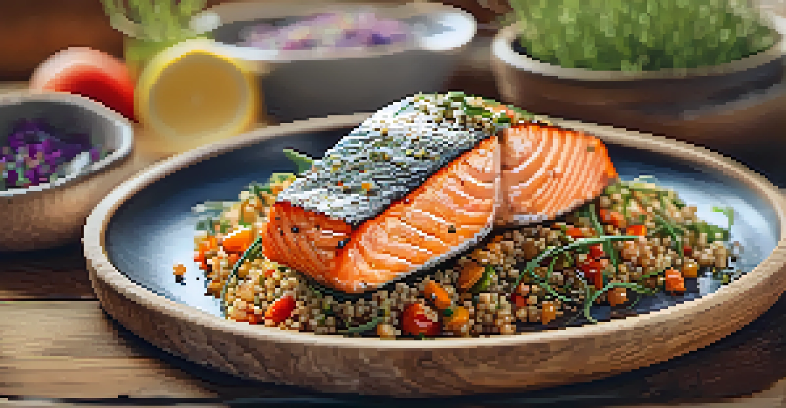 A grilled salmon fillet on a rustic wooden board, served with quinoa and roasted vegetables, garnished with microgreens and a lemon wedge.