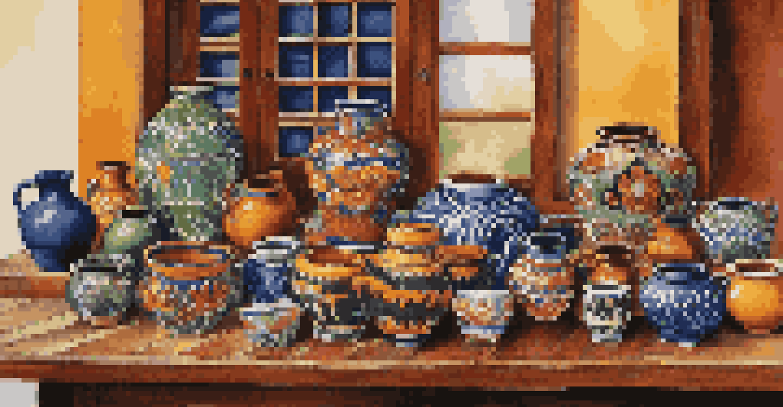 A colorful assortment of Mexican pottery on a wooden table, displaying intricate designs and vibrant colors under warm sunlight.