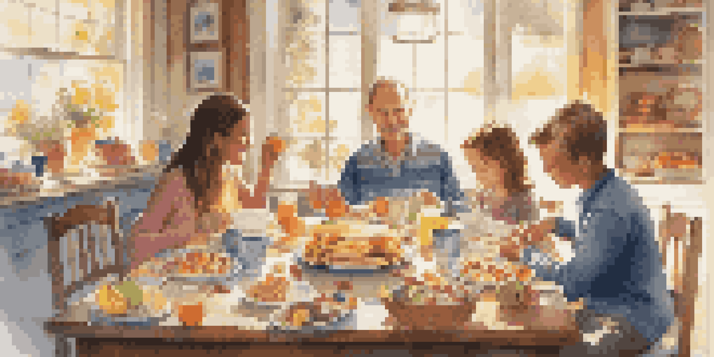 A family enjoying breakfast at a wooden table, surrounded by math puzzles and plates of pancakes, illuminated by soft morning light.