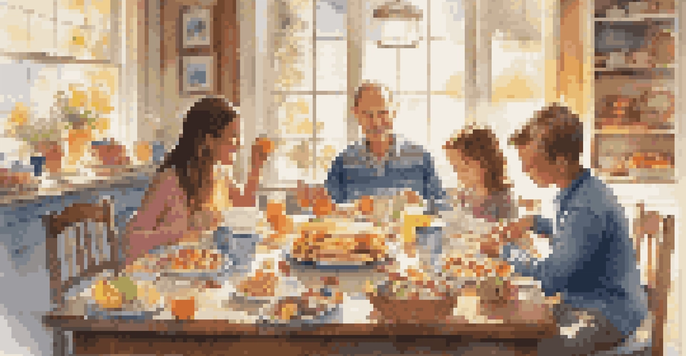 A family enjoying breakfast at a wooden table, surrounded by math puzzles and plates of pancakes, illuminated by soft morning light.