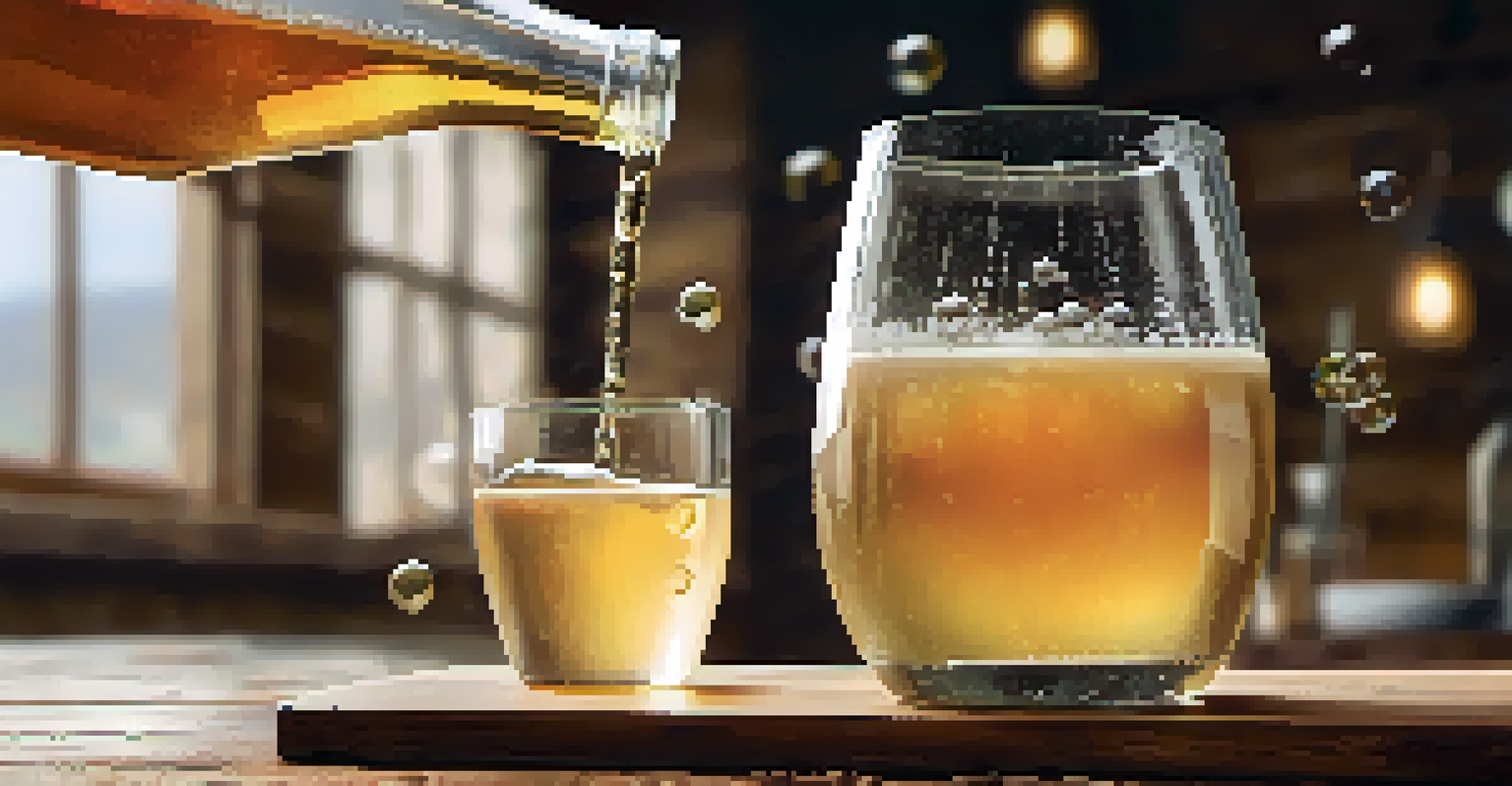 A close-up of homemade cider being poured into a glass with bubbles, set against a rustic wooden background.
