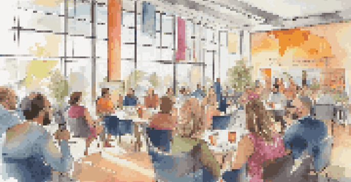 A lively travel blogging conference with attendees networking and engaging in discussions in a bright and colorful setting.