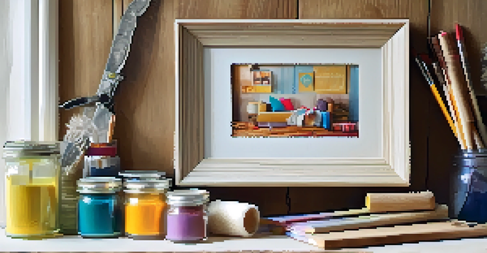 A crafting table with a DIY photo frame made from rustic materials, holding a family photo, surrounded by crafting supplies and soft natural light.