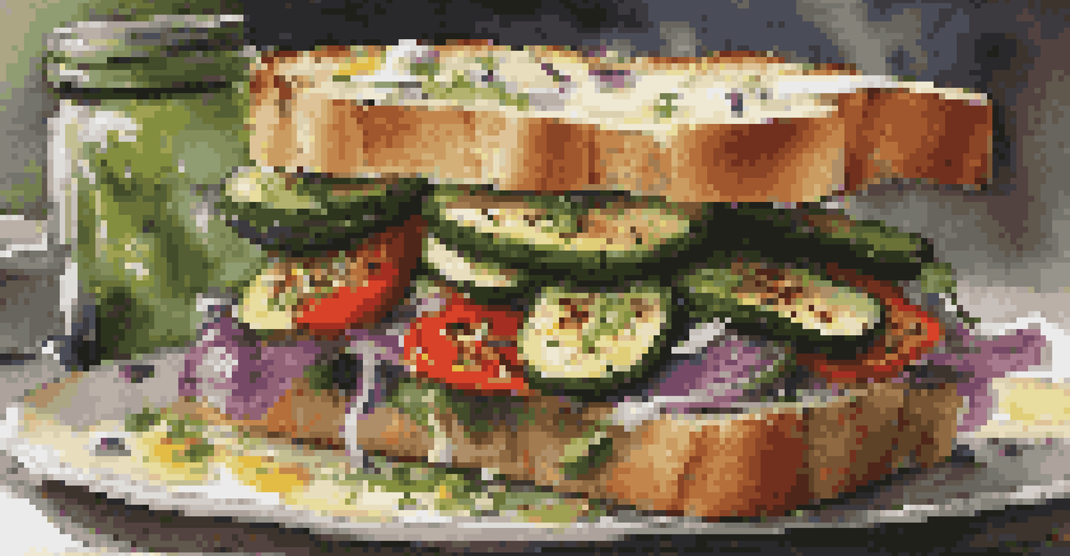 An open-faced ciabatta sandwich topped with grilled vegetables and basil pesto, presented on a rustic table.
