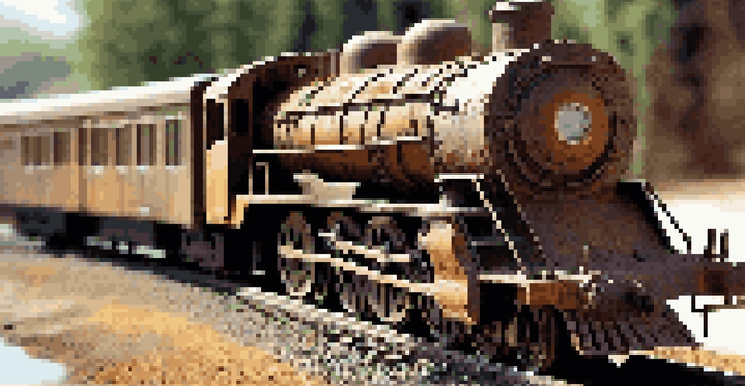 A close-up of a weathered model train displaying realistic rust and dirt effects, set on a detailed track with a miniature landscape background.