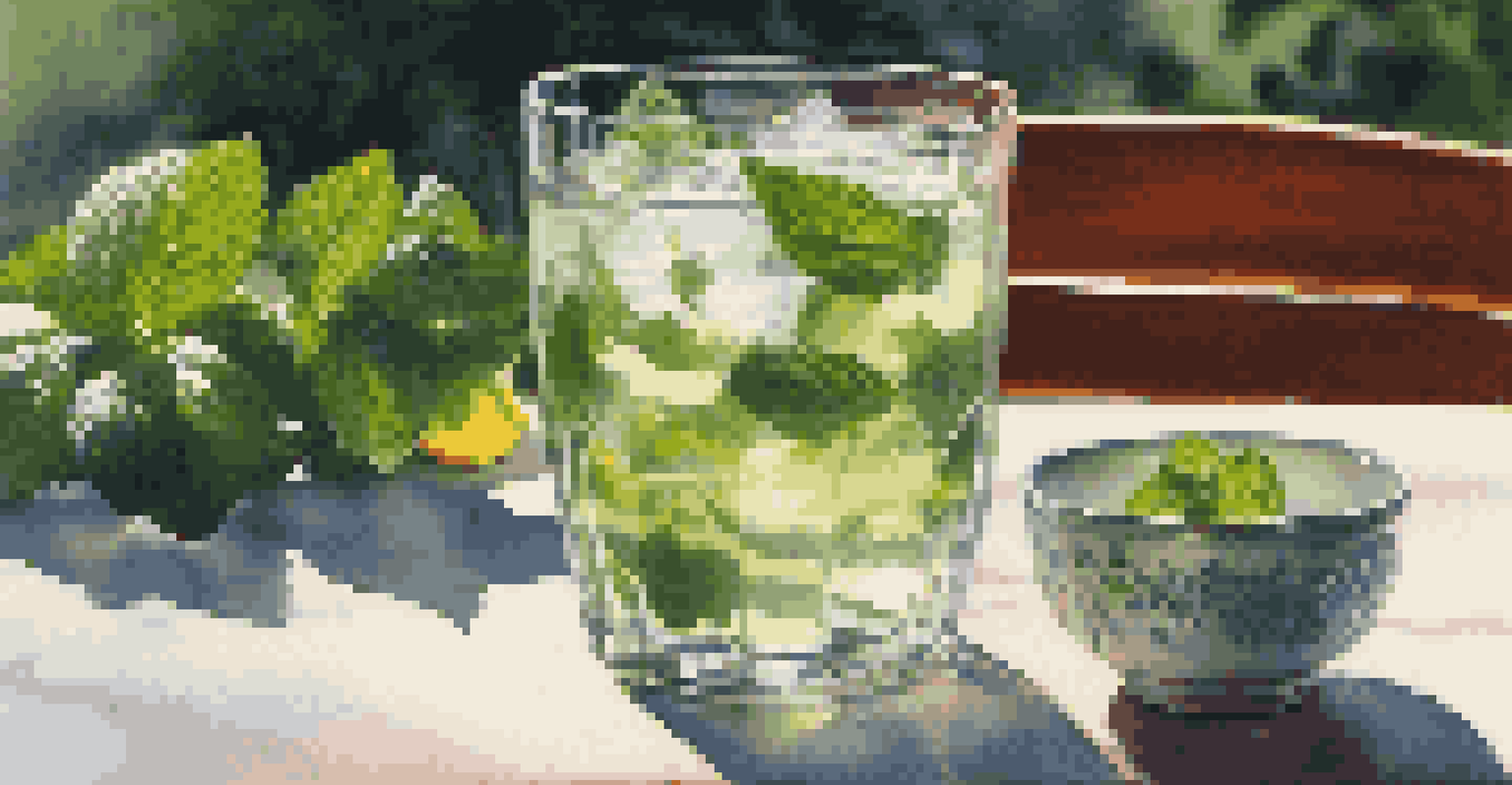 A glass of refreshing peppermint infusion with ice, fresh mint, and lemon slice on an outdoor table.