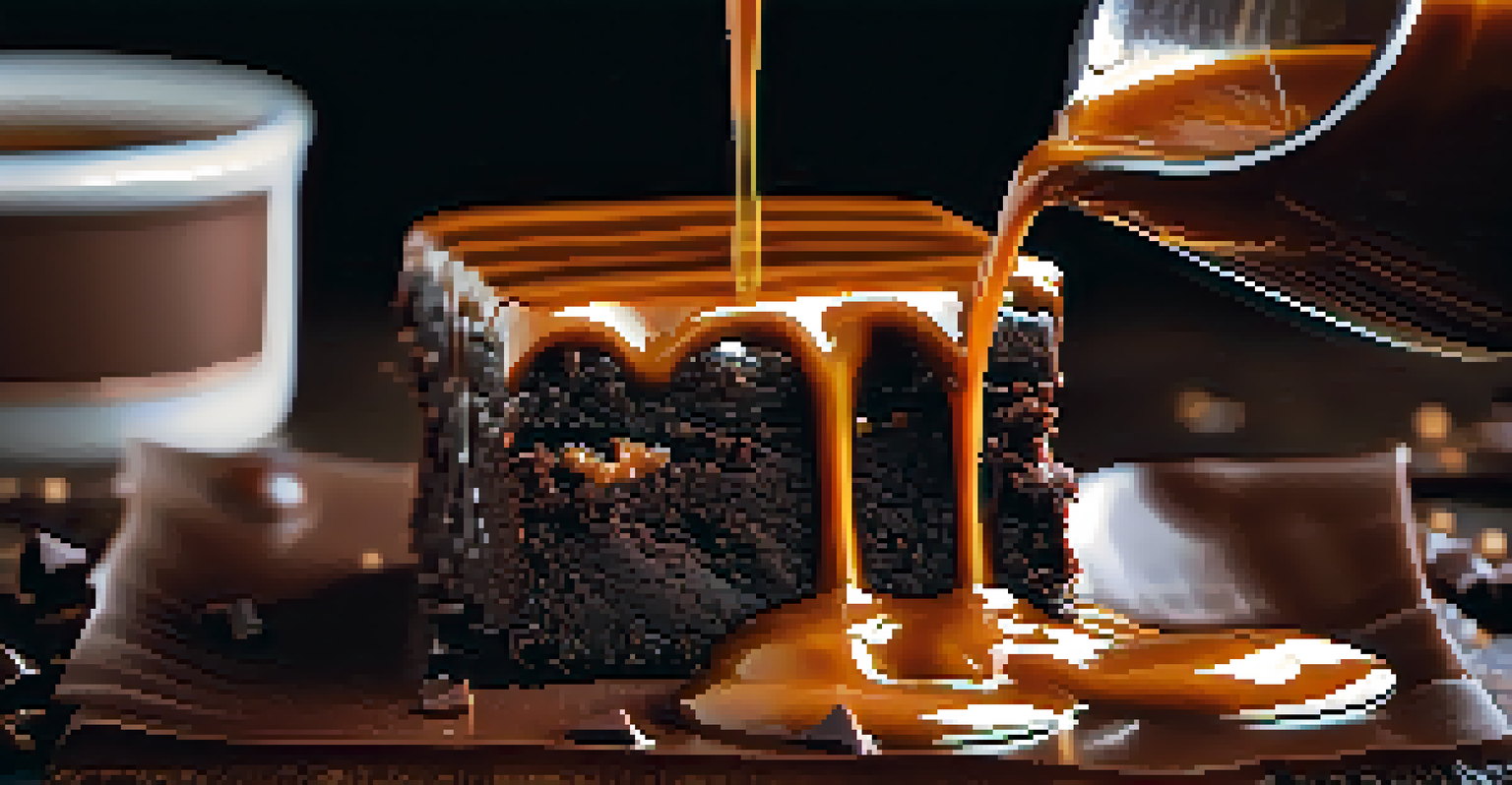 Close-up of salted caramel sauce being poured over a chocolate brownie.