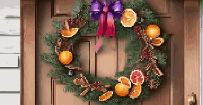 A DIY holiday wreath made of pine branches with colorful ribbons and dried fruits, hanging on a rustic wooden door.