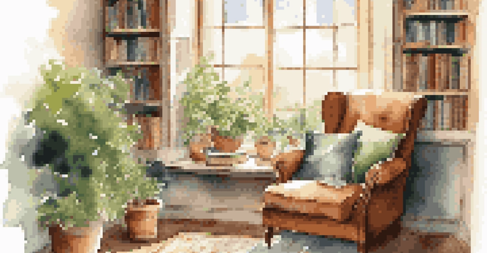A warm reading nook with sunlight, an armchair, a cup of tea, and classic novels.