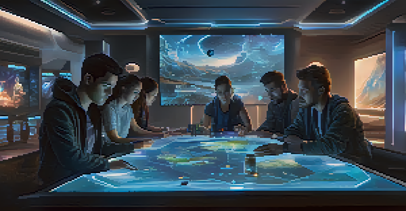 A modern digital tabletop gaming setup with holographic elements and players engaging around a high-tech table in soft blue lighting.