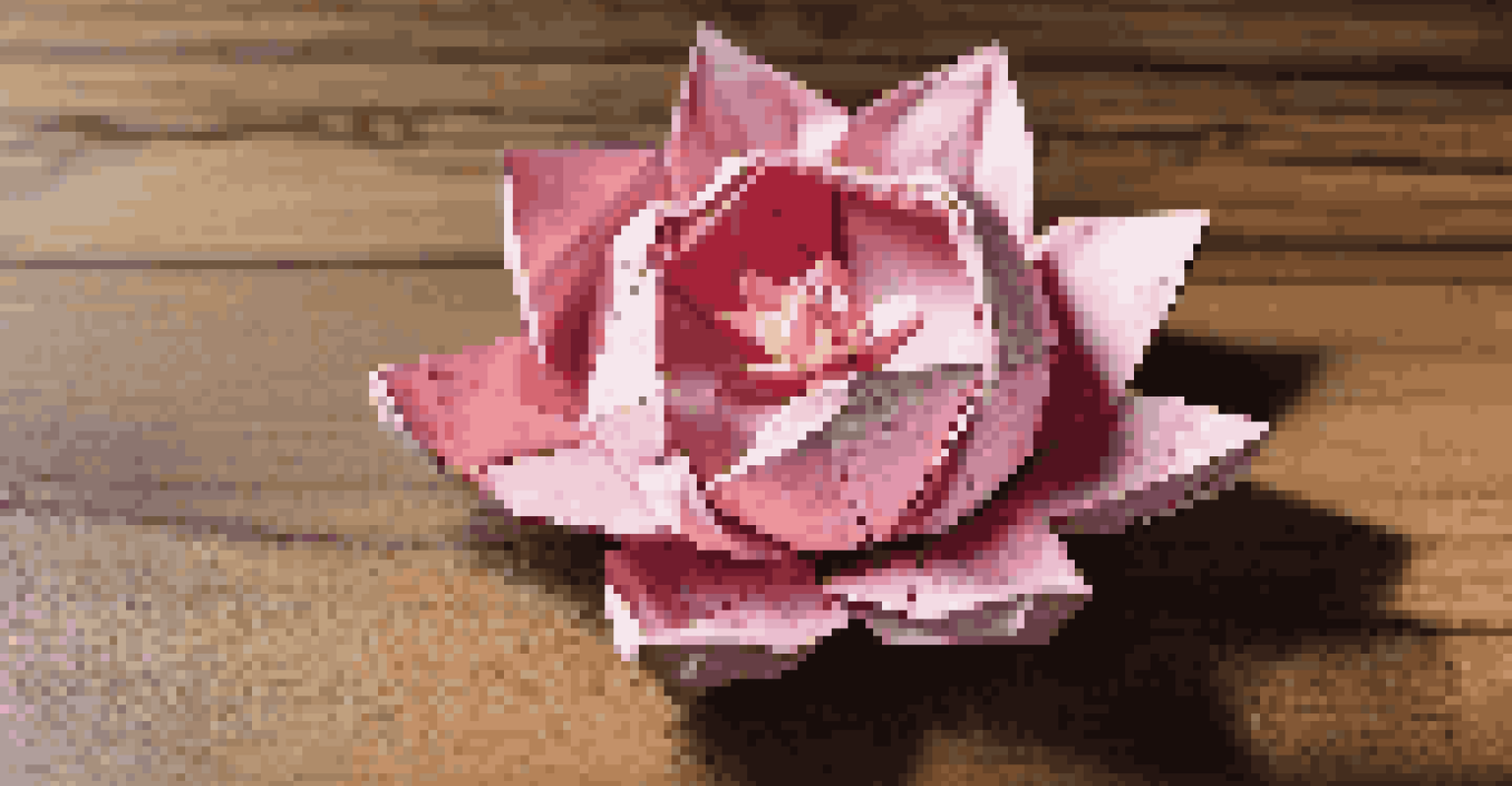 A close-up of a handcrafted origami lotus flower on a wooden surface, showcasing intricate folds and floral patterns.