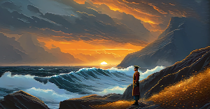 A hero stands on a cliff overlooking a stormy sea, illuminated by golden light, conveying courage.