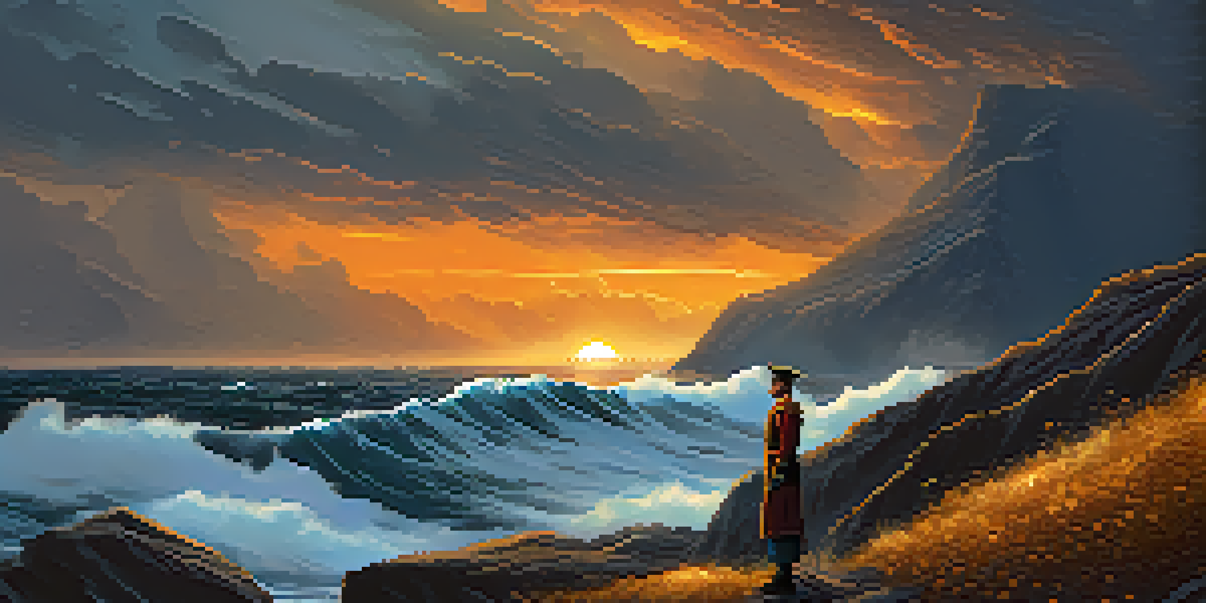 A hero stands on a cliff overlooking a stormy sea, illuminated by golden light, conveying courage.
