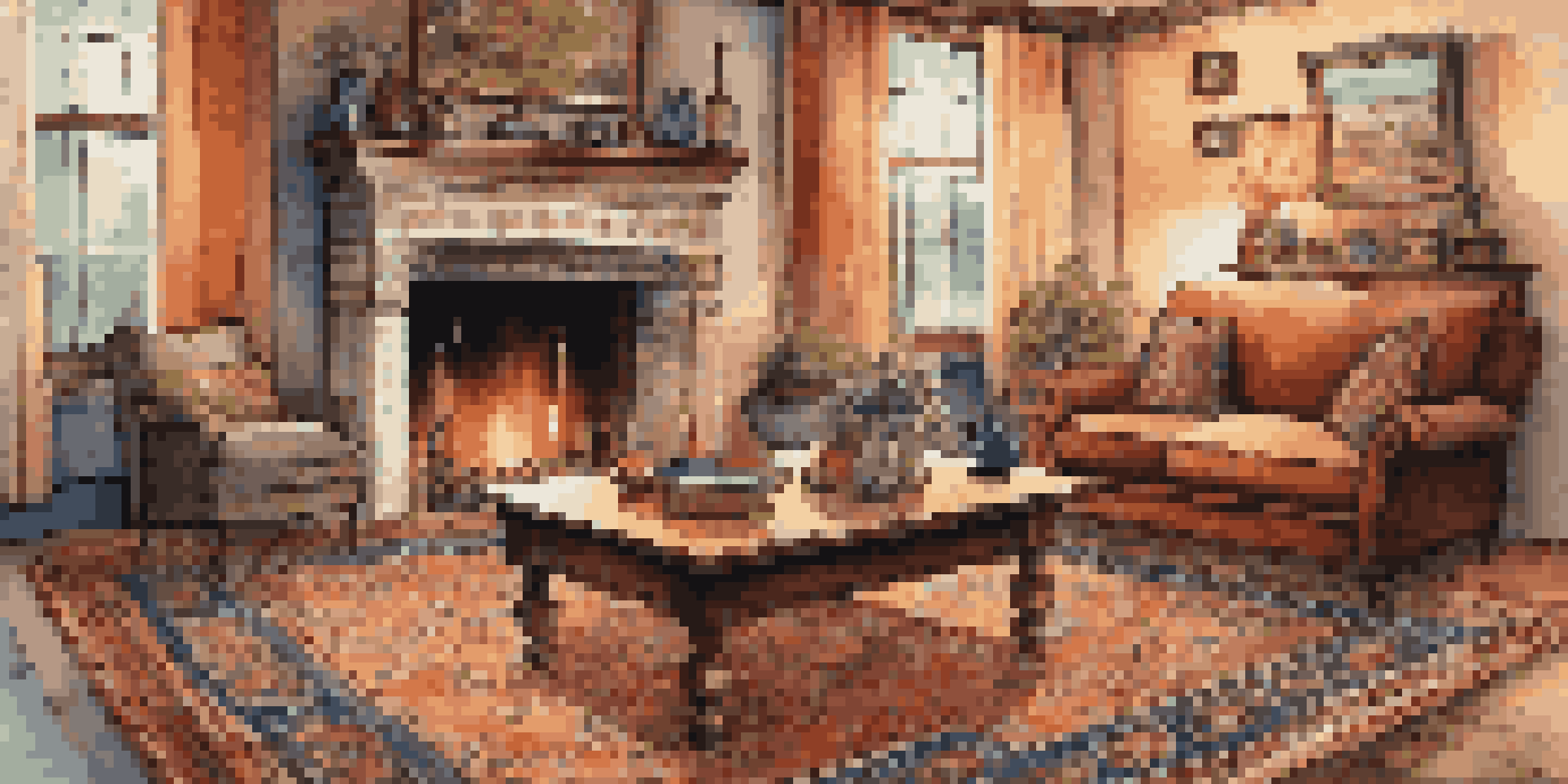 A cozy living room with a handcrafted Persian rug in front of a fireplace, decorated with cushions and a coffee table.